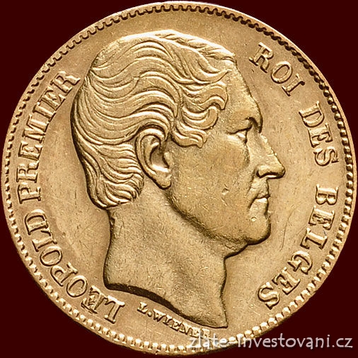 Zlatá mince belgický dvacetifrank- král Leopold I.