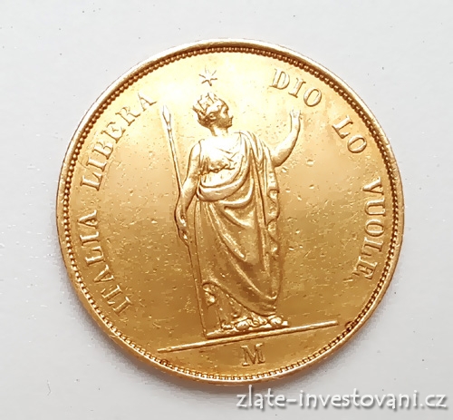 Zlatá mince 40 lira-Lombardia 1848-revoluční ražba Ferdinand V.