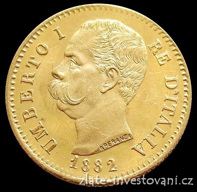 Zlatá mince italská 20 lira -Umberto I. 1882