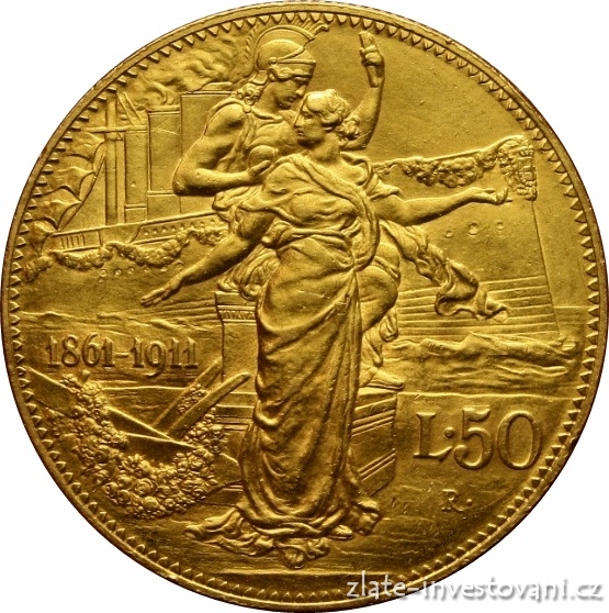 Zlatá mince italská 50 lira 1911-Výročí království Vittorio Emanuelle III.