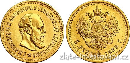 Zlatá mince ruský 5 rubl-car Alexandr III. 1888