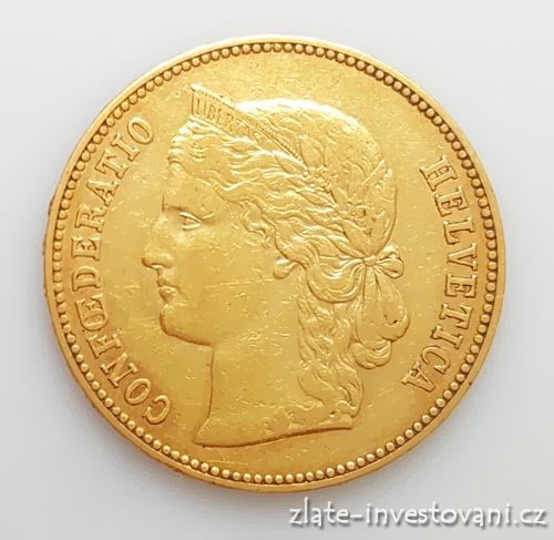 Zlatá mince švýcarský dvacetifrank-Helvetica 1893