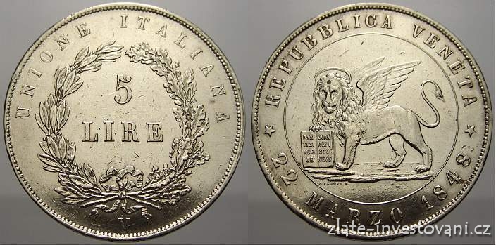 Stříbrná 5 lira 1848-revoluční benátská ražba