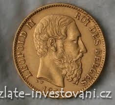 Zlatá mince belgický dvacetifrank- král Leopold II. 1875