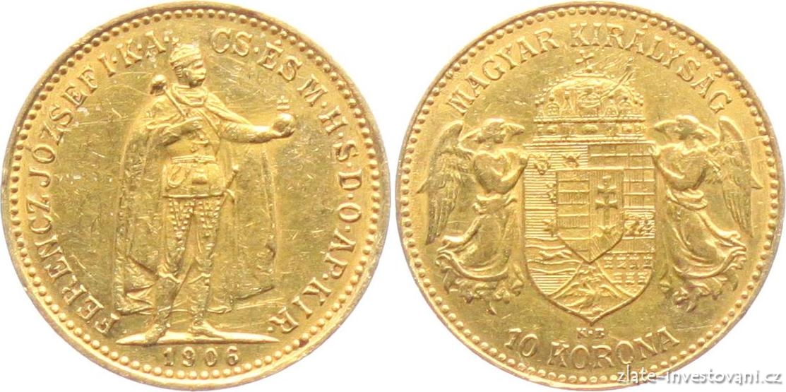 Zlatá mince Desetikoruna Františka Josefa I.- uherská ražba 1906 KB