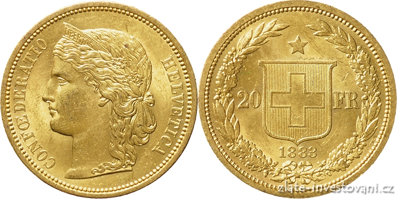 Zlatá mince švýcarský dvacetifrank-Helvetica 1883