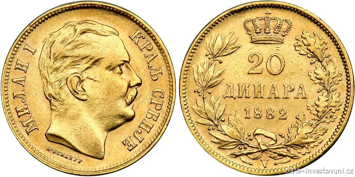 Zlatý jugoslávský 20 dinár Milan Obrenovič I. 1882
