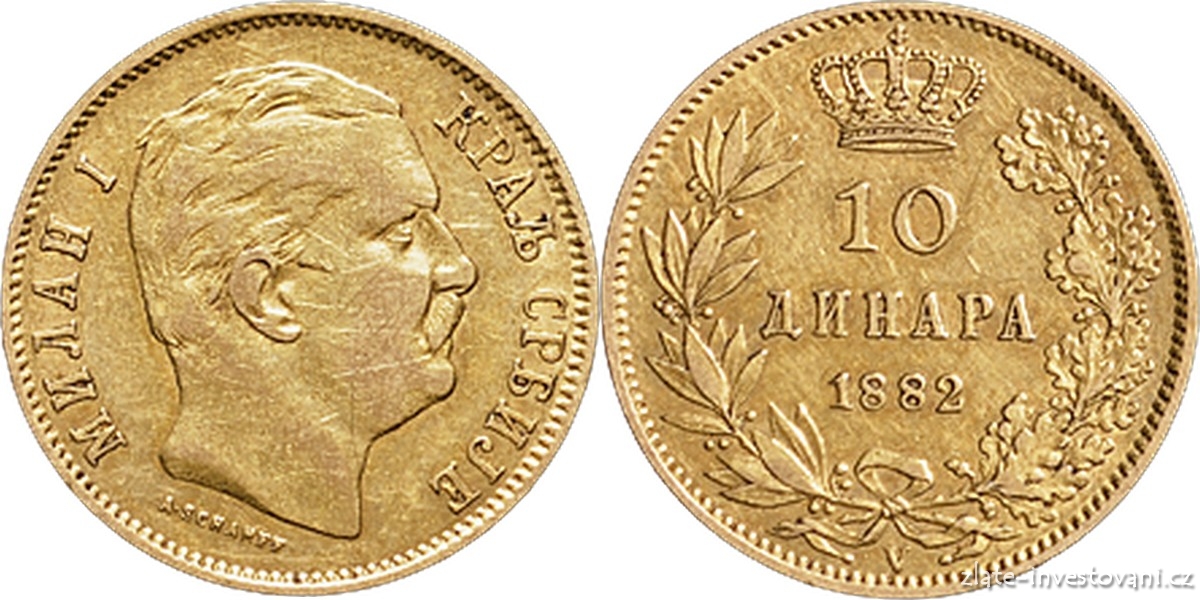 Zlatý jugoslávský 10 dinár Milan Obrenovič I. 1882