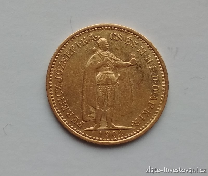 Zlatá mince Desetikoruna Františka Josefa I.- uherská ražba 1902 K.B.