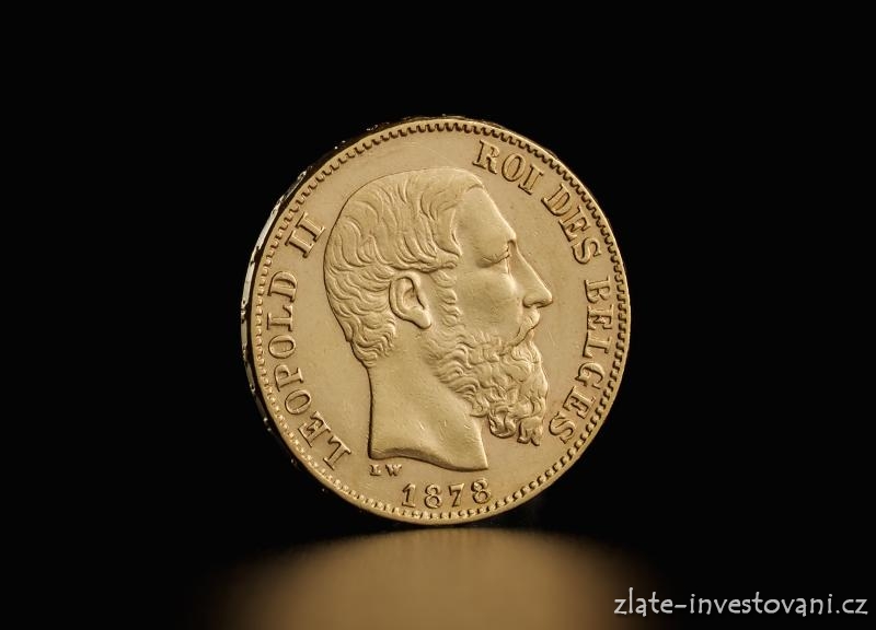 Zlatá mince belgický dvacetifrank- král Leopold II. 1870