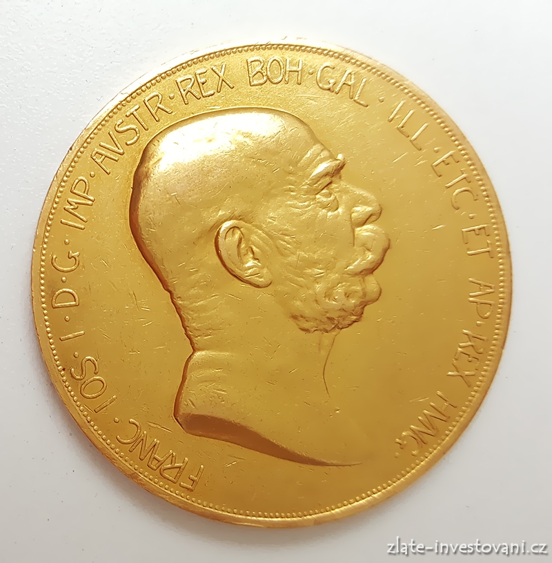 Zlatá mince jubilejní Stokoruna Františka Josefa I.ročník 1908-dáma v oblacích