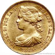 Zlatá mince 10 eskudos 100 reales -královna Isabela II. 1865-1868