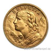 Zlatý švýcarský 20 frank Vrenelli 1922