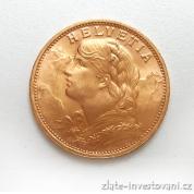 Zlatý švýcarský 20 frank Vrenelli 1947