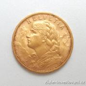 Zlatý švýcarský 20 frank Vrenelli 1930